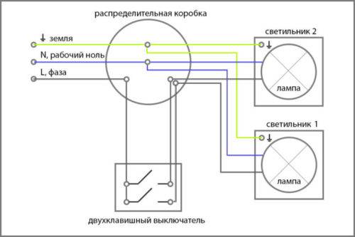 Установка двухклавишных выключателей, схема подключения